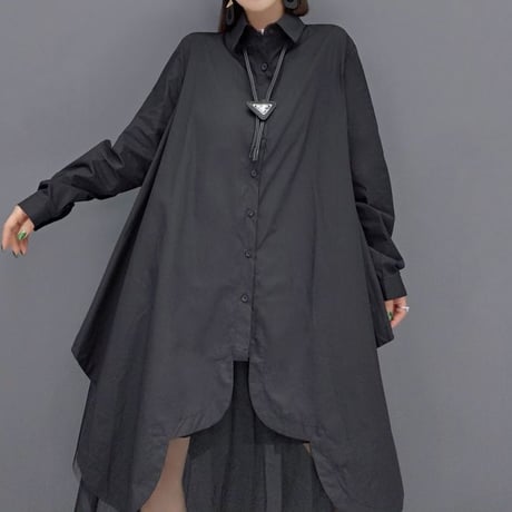 ロングシャツ シャツワンピース チュール シャツ ワンピース アシンメトリー ルーズ 長袖 レトロ 韓国ファッション レディース 大人可愛い ガーリー DTC-653970172988