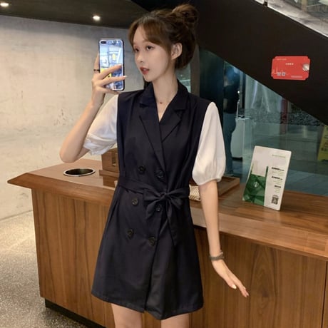 ワンピース トレンチ風 フェイクレイヤード 韓国ファッション レディース Aライン ダブルブレスト シンプル ガーリー フェミニン DTC-616848359436