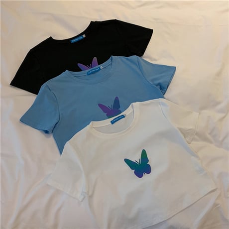クロップド丈 Tシャツ 反射光 バタフライ 半袖 韓国ファッション レディース トップス ショート丈 プリント ガーリー カジュアル ストリートファッション DTC-617478923344