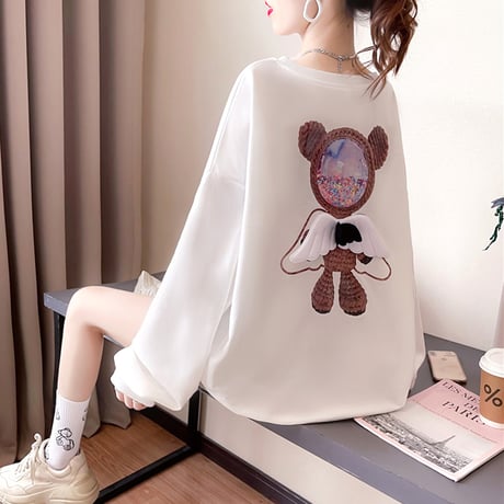 トレーナー 羽 エンジェルくまちゃん 薄手 シンプル ルーズ 韓国ファッション レディース トップス 大きめ ガーリー カジュアル ストリートファッション DTC-651472313621