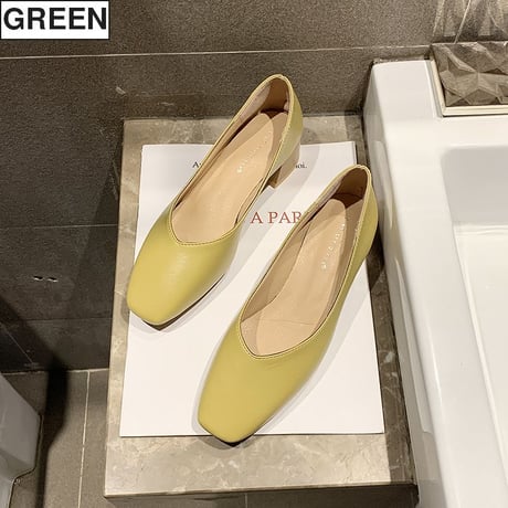 パンプス ドット柄 スクエアトゥ  チャンキーヒール 4cm 韓国ファッション レディース シンプル シューズ キュート 痛くない かわいい 歩きやすい 611563187446