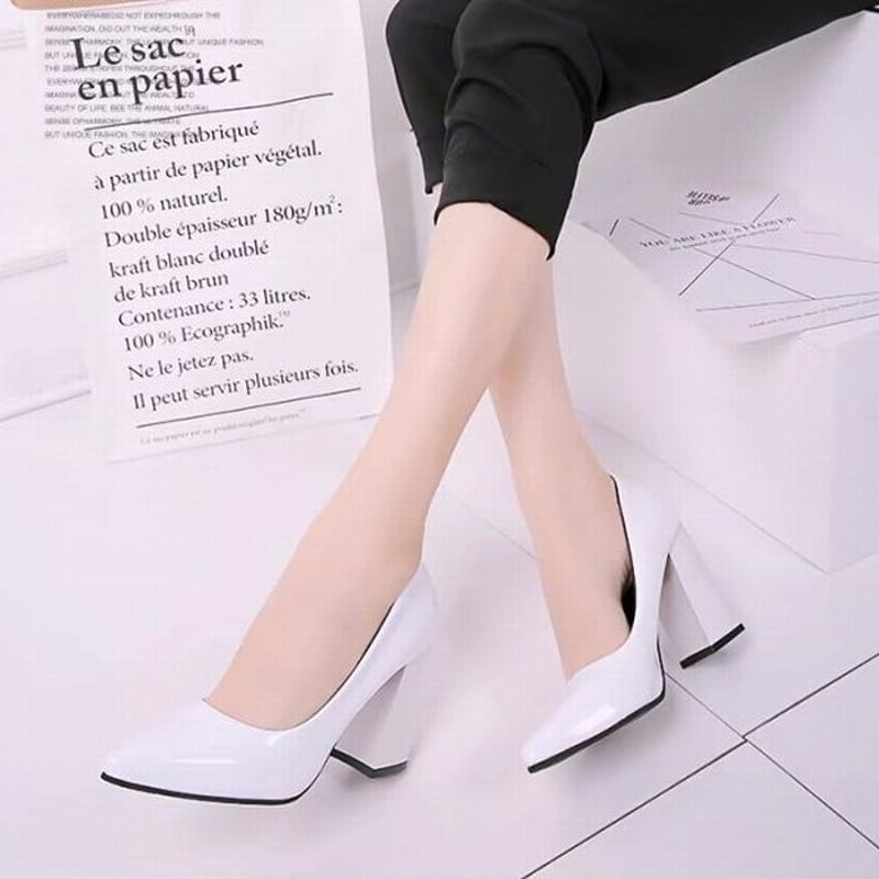 パテントレザー パンプス チャンキーヒール 9cm 韓国ファッション