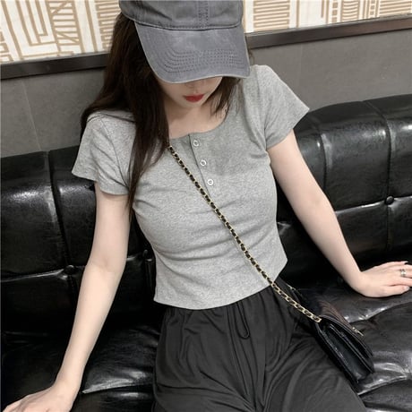 ボタン付き Tシャツ クロップド丈 スクエアネック 半袖 韓国ファッション レディース トップス ヘンリーネック カットソー シンプル 大人可愛い ガーリー DTC-638088651360