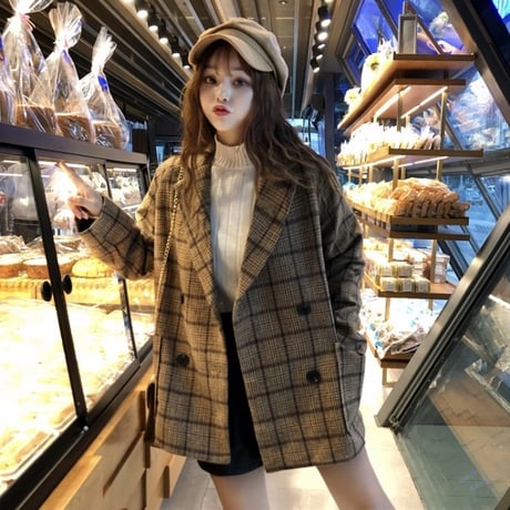 チェック柄 ラシャ テーラードジャケット 韓国ファッション レディース ウールジャケット アウター 暖かい ダブルブレスト レトロ 秋 冬 (DTC-603067482652)
