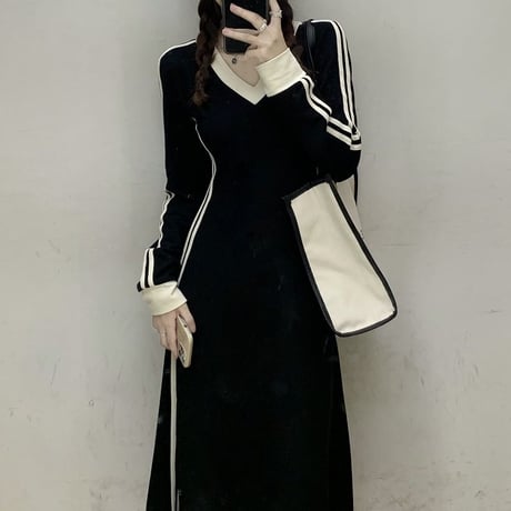 サイドライン ワンピース Vネック ウエストスリム ロングワンピース ハイウエスト 長袖 レトロ 韓国ファッション レディース 大人可愛い ガーリー DTC-681415510381