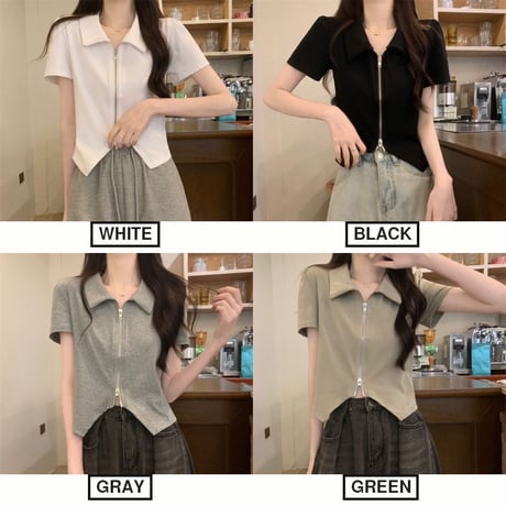 ダブルジップ トップス クロップド丈 半袖 Tシャツ へそ出し ポロトップス ポロ襟 レトロ 大人可愛い ガーリー カジュアル 韓国ファッション レディース DTC-710355440327