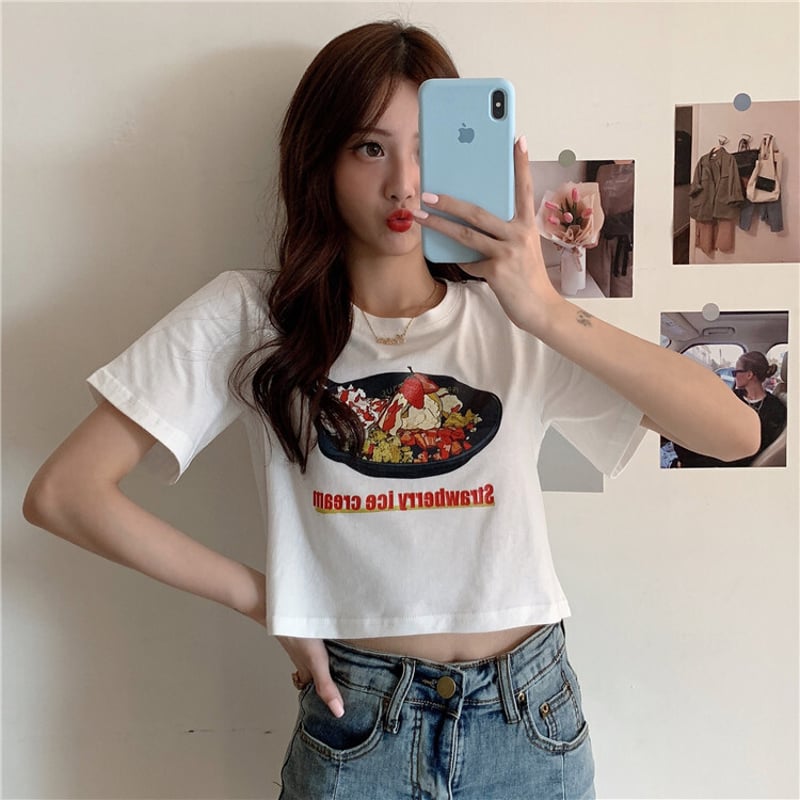 Tシャツ 半袖 ショート丈 ホワイト ストロベリーケーキ プリント 韓国