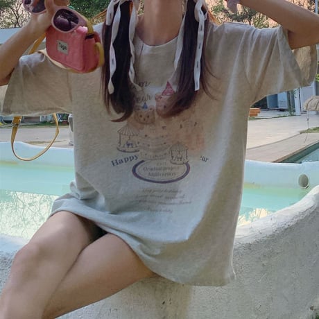 Tシャツ 半袖 クマちゃんプリント かわいい トップス クルーネック オーバーサイズ 半袖Tシャツ ルーズ ゆったり カジュアル 韓国ファッション レディース DTC-706291049823