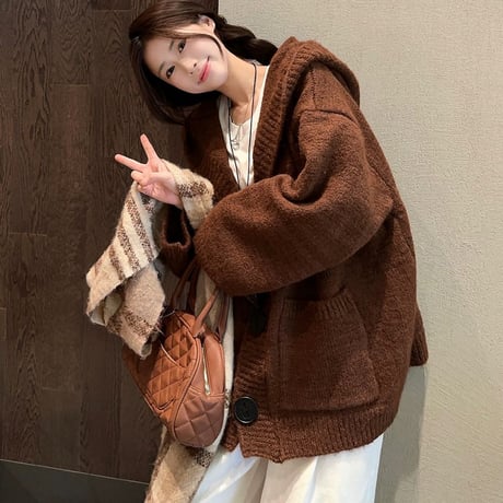フード付き ニットカーディガン 大きいボタン ニット シングルブレスト ルーズ 長袖 レトロ 韓国ファッション レディース 大人可愛い ガーリー DTC-839806748092