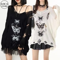 ダメージニット バタフライ グラフィティ プリント 薄手 Vネック ダメージ加工 ニット トップス ゆったり 長袖 レトロ 大人可愛い ガーリー カジュアル DTCA-922603817995