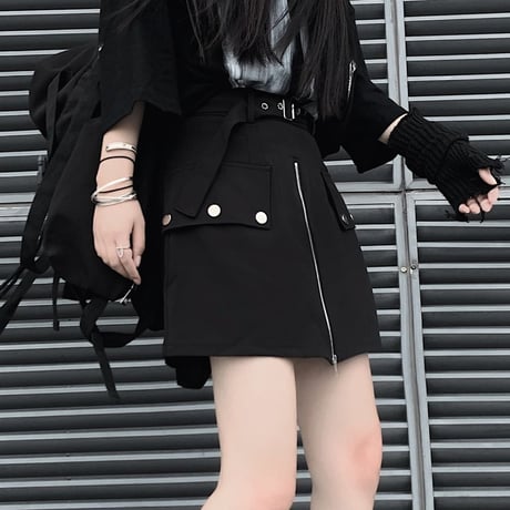 スカート風 ショートパンツ フロントジップ Aライン ハイウエスト 韓国ファッション レディース ショーパン ジップアップ ガーリー 暗黒系 DTC-620051473564