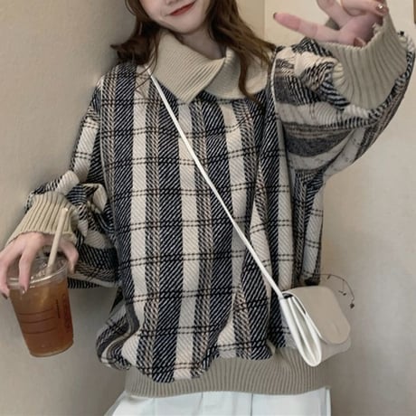チェック柄 トップス ウールセーター プルオーバー ゆったり 韓国ファッション レディース POLOカラー ルージュ カジュアル 大人可愛い ガーリー DTC-631372798803