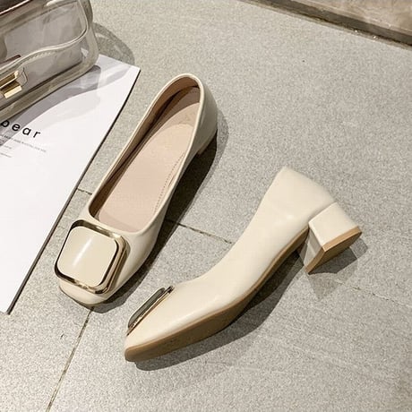 バックル付 パンプス チャンキーヒール 4cm 韓国ファッション レディース シンプル スクエアトゥ シューズ キュート 痛くない かわいい 歩きやすい 610846873186