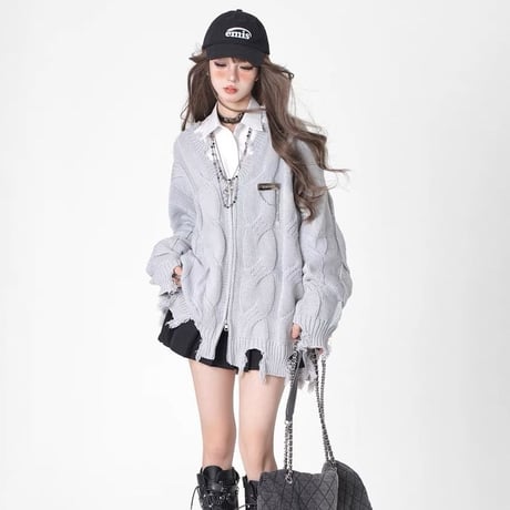 ニット カーディガン ダメージ加工 クラッシュ加工 ケーブル編み ダブルジップ プレート チェーン ルーズ 長袖 レトロ 大人可愛い ガーリー カジュアル DTCA-816716122701