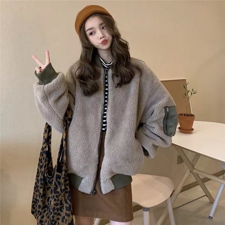 リバーシブル 2way ボアブルゾン MA-1 オーバーサイズ 韓国ファッション レディース アウター ブルゾン ドロップショルダー ストリート ボア 秋 冬 (DTC-600883761203)
