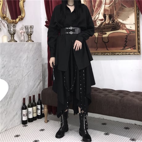 セットアップ ベルト付き ロングシャツ 長袖 アシンメトリー スカート ウエストゴム アシメ ロング丈 暗黒系 DTC-601163570113
