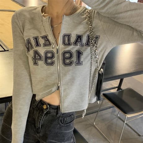 【2カラー】 トップス ジップアップ ショート丈 スリム 古着風 長袖 レトロ 韓国ファッション レディース 大人可愛い ガーリー カジュアル DTC-652255998537