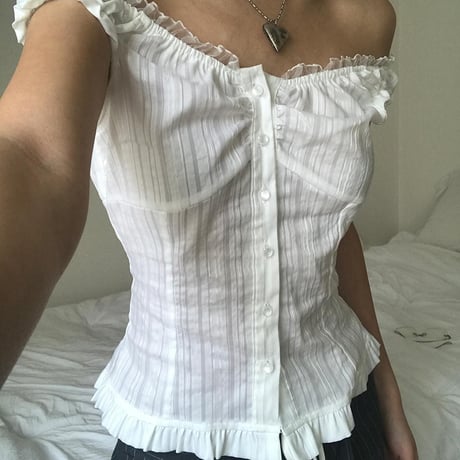 オフショルダー ブラウス フリル スリムフィット ショート丈 トップス かわいい 可愛い レトロ 大人可愛い ガーリー フェミニン DTCA-778616825624