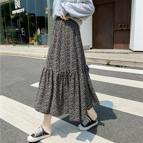 花柄 スカート 裏起毛 裏地あり フレア 韓国ファッション レディース フローラル Aラインスカート ロング丈 シフォン ハイウエスト 大人可愛い ガーリー DTC-628495280732