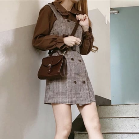セットアップ ジャンパースカート ワンピース フリル ブラウス ミニ丈 レトロ 韓国ファッション レディース 大人可愛い ガーリー DTCA-628240588568