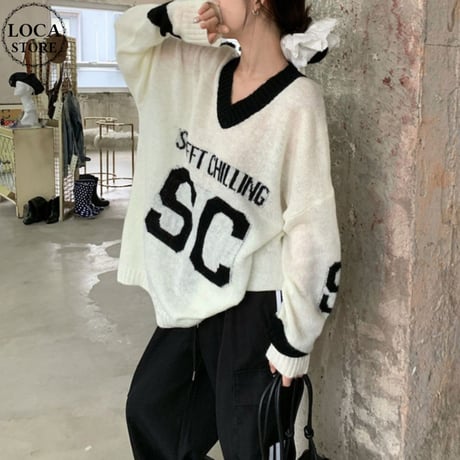 ニット トップス Vネック オーバーサイズ ドロップショルダー ルーズ 長袖 レトロ 韓国ファッション レディース 大人可愛い ガーリー スポーツミックス DTC-824100434464
