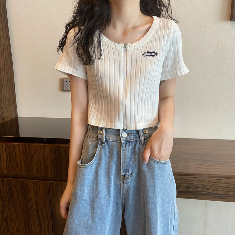 半袖 リブニット クロップド丈 フロントジップ カットソー 韓国