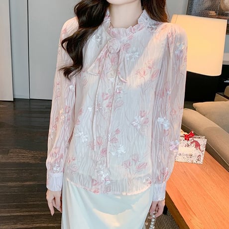 花柄 ブラウス ランタンスリーブ シフォン フリルネック フラワーリボン ルーズ 長袖 レトロ 韓国ファッション レディース 大人可愛い ガーリー フェミニン DTC-764247162322