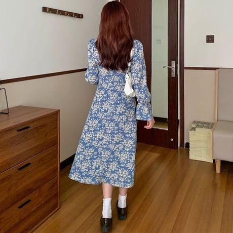 花柄 ワンピース Vネック 長袖 ロング丈  韓国ファッション レディース 大人可愛い ガーリー フェミニン DTC-626055147942