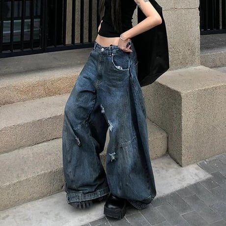 デニムパンツ ダメージ加工 ヴィンテージ風 ボトムス ハイウエスト デニ ジーンズム ワイドパンツ モップパンツ ルーズ レトロ 大人可愛い ガーリー カジュアル DTCA-839915277145