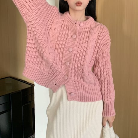 【4カラー】 ニットカーディガン ケーブル編み ショート丈 ルーズ ニット トップス 長袖 レトロ 韓国ファッション レディース 大人可愛い ガーリー DTC-686921734623