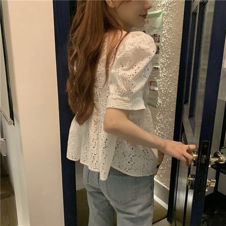 ブラウス パフ袖 半袖 韓国ファッション レディース トップス 透け感 ゆったり ラウンドネック カットソー 大人可愛い ガーリー DTC-623785023447