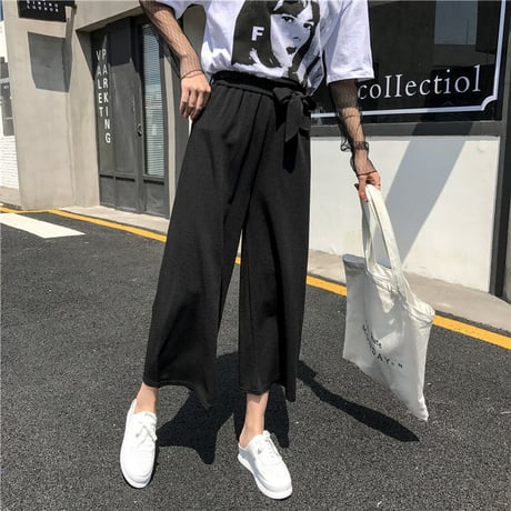 レディース ワイドパンツ ガウチョパンツ ハイウエスト ウエストリボン パンツ ボトムス 韓国ファッション オルチャン (DCT-576943177093)