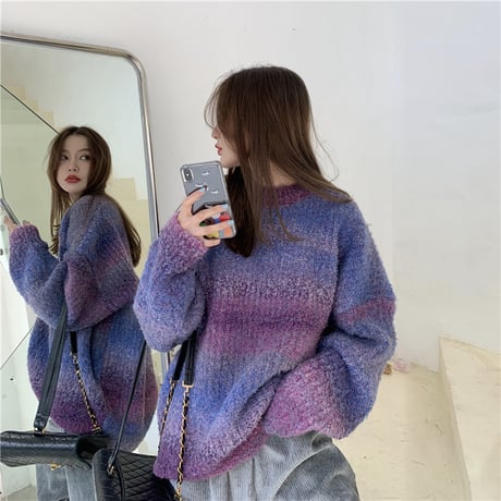 グラデーションボーダー ニット セーター 厚手 保温 長袖 プルオーバー オーバーサイズ 韓国ファッション レディース レトロ 大人可愛い ガーリー DTCA-821457872747