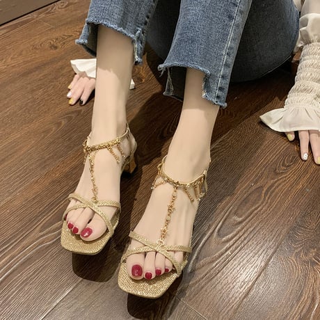 サンダル ラインストーン クロスストラップ 5cm チャンキーヒール スクエアトゥ 韓国ファッション レディース アンクルストラップ パンプス 597321753157