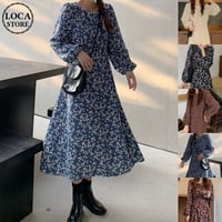 小花柄 ワンピース パフスリーブ ロング丈 ハイウエスト 長袖 クルーネック 薄手 韓国ファッション レディース 大人可愛い ガーリー フェミニン レトロDTC-655695330315