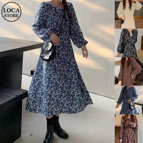 小花柄 ワンピース パフスリーブ ロング丈 ハイウエスト 長袖 クルーネック 薄手 韓国ファッション レディース 大人可愛い ガーリー フェミニン レトロDTC-655695330315