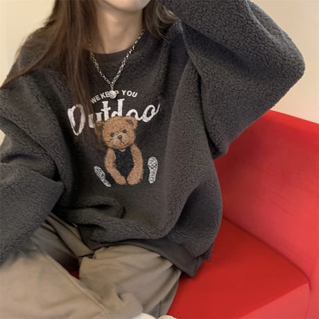 ボアトレーナー クマ ベア もこもこ トレーナー ボア オーバーサイズ 長袖 レトロ 韓国ファッション レディース 大人可愛い ガーリー カジュアル DTC-661335539781