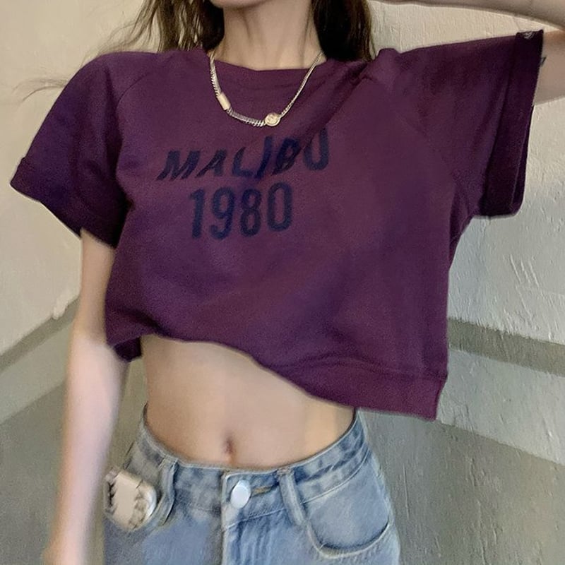 Tシャツ クロップド丈 トップス 半袖 トレーナー 薄手 クルー