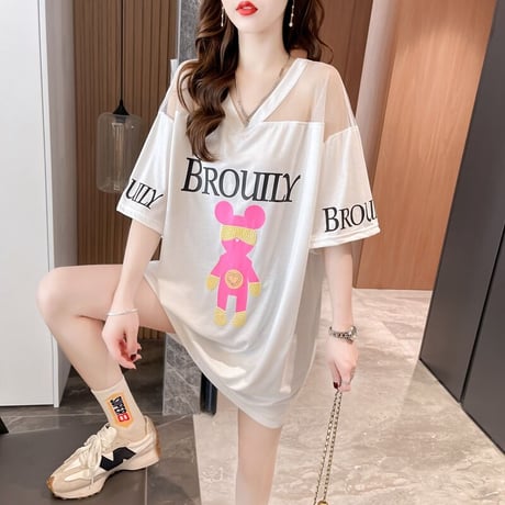 シアー Tシャツ 切り替え シースルー Vネック オーバーサイズ ゆったり 半袖 レトロ 韓国ファッション レディース 大人可愛い ガーリー カジュアル DTC-649581818312