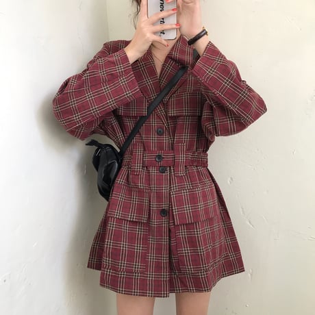 シャツ ワンピース ベルト付き チェック柄 韓国ファッション レディース ミニ丈 シャツ チェックシャツ 長袖 レトロ 秋 冬 (DTC-604367238751)