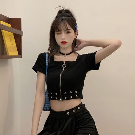 クロップド丈 Tシャツ フロントファスナー ジップアップ トップス ショート丈 スクエアネック 半袖 へそ出し 韓国ファッション レディース カジュアル DTC-674971025180