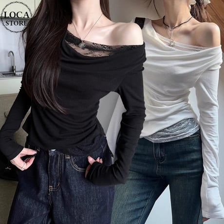 レース付き Tシャツ ワンショルダー スリムフィット ロンT トップス カットソー 長袖 レトロ 大人可愛い ガーリー DTCA-849082361382