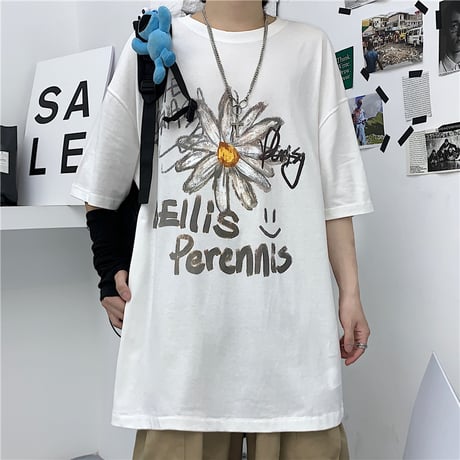 ユニセックス Tシャツ 半袖 メンズ レディース 落書き風 英字 花 フラワー プリント オーバーサイズ 大きいサイズ ルーズ ストリート DTC-615255947278