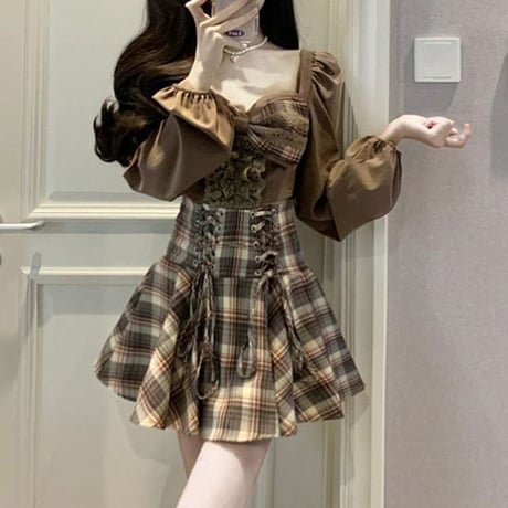 セットアップ チェック柄 大きなリボン ブラウス プリーツスカート レースアップ 編み上げ ミニスカート ハイウエスト Aライン 長袖 レトロ 大人可愛い ガーリー DTCA-708968109680