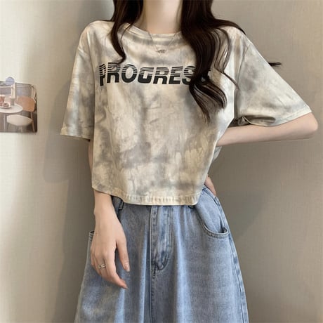 タイダイ柄 Tシャツ ショート丈 ロゴ 半袖 ルーズ レトロ カジュアル 韓国ファッション レディース 大人可愛い ガーリー DTC-767804771620