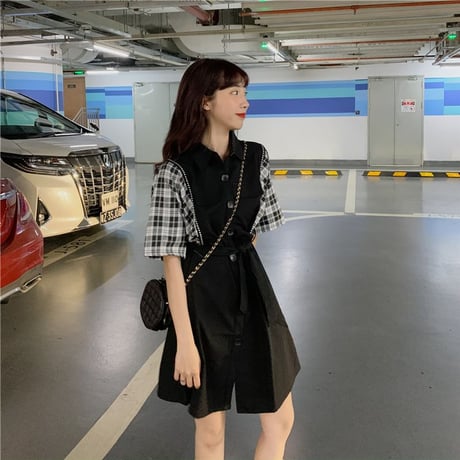 シャツワンピース バイカラー チェック柄 無地 韓国ファッション レディース ワンピース Aライン シングルブレスト ハイウエスト 無地 フレア シンプル ガーリー DTC-619337093068