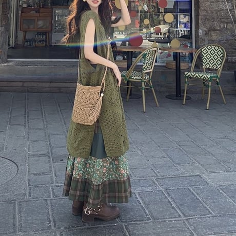 2点セット エスニックスタイル ロングニットベスト サマーニット 花柄 チェック柄 ロングスカート レイヤード レトロ 大人可愛い ガーリー DTC-782922339841