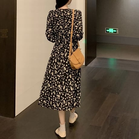 花柄 ワンピース フロントギャザー Vネック フリル袖 ロング丈 ハイウエスト 長袖 韓国ファッション レディース 大人可愛い ガーリー フェミニン DTC-654665818047