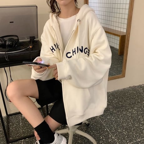 ジップアップ パーカー フーディー 薄手 ルーズ オーバーサイズ ゆったり 大きめ 長袖 レトロ カジュアル ストリート系ファッション ストリート女子 DTCA-647056396210