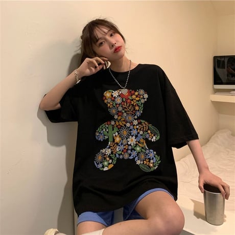 Tシャツ くまちゃん 花 刺繍 半袖 オーバーサイズ 韓国ファッション レディース トップス ベアー 大きめ カジュアル ストリートファッション DTC-643234188804